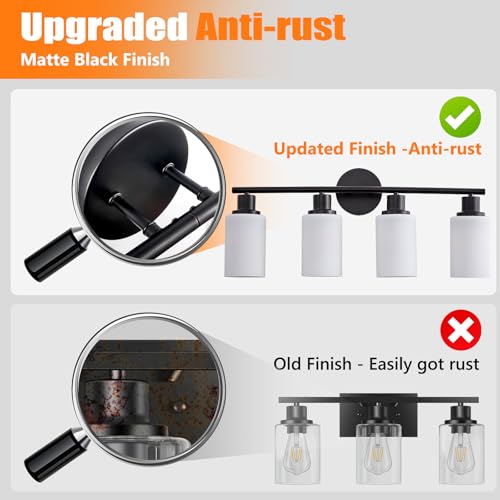 Image of DLLT 4-Light Bathroom Light Fixtures: Black Modern Vanity Lights with E26 Bulbs - Milky White Glass Shade Bathroom Wall Lamp for Mirror Kitchen Living Room Hallway Cabinet Porch