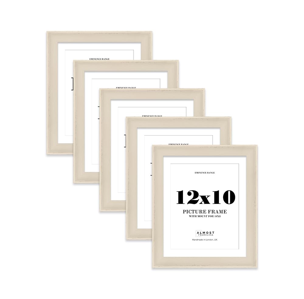12x10" Cream Picture Frame with 10x8" Mount - Shabby Chic Photo Frame with Distressed Finish, Wall Hooks and Kickstand, 32mm Edge - 5 Pack