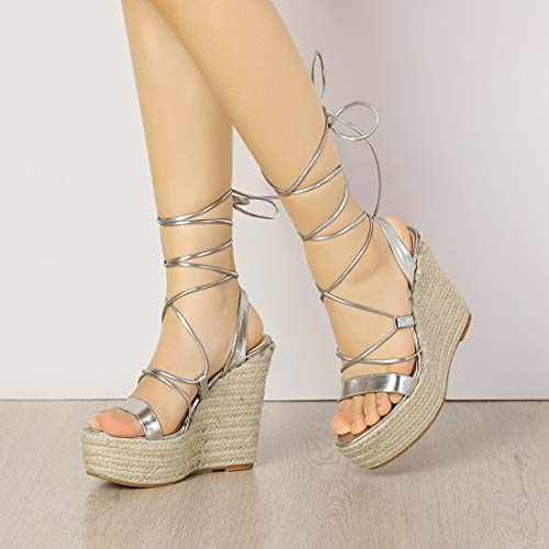 Allegra K Women's Espadrilles Platform Wedges Heel Silver Lace Up Sandals 7 M Us #TOP1