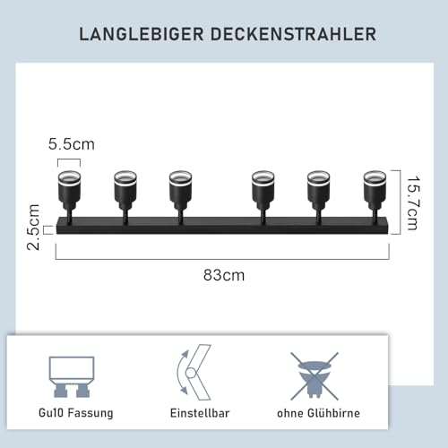 meoaow Deckenstrahler Modern Schwarz Deckenleuchte: 6 Flammig Schwenkbar Deckenspots Küchenlampe Metall Flurlampe GU10 Deckenlampe Strahler für Büro Schlafzimmer Esszimmer, Ohne Leuchtmittel – Bild 5