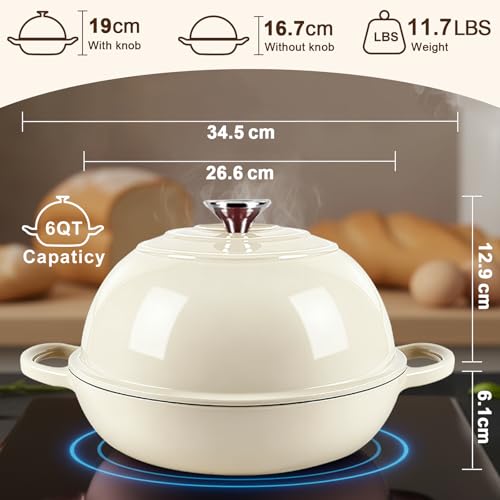 Dutch Oven For Bread Baking,26cm/5.7L Enameled Cast Iron Dutch Oven,Non-Stick Cast Iron Pan with Lid,Dutch Ovens with Baking Recipe,Casserole Pot for Bread Baking,Roasting,Braising & Frying (White) - Image 5