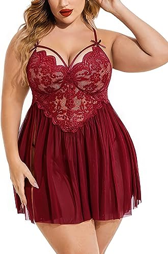 Image of Plus Size Lingerie Lace Babydoll Womens Strap Chemise Nightgown V Neck Nighty Mesh Sleepwear Side Slit Nightdress with G-Sting Panty