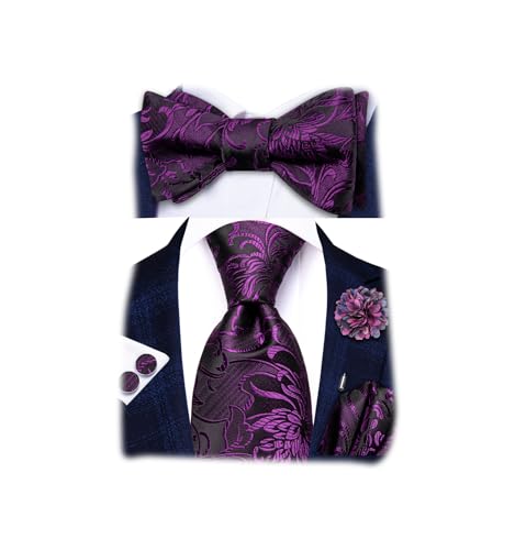 Image of Hi-Tie 5Pcs Mens Solid Color Silk Tie Satin Pretied Bowtie Lapel Pin for Men Handkerchief Cufflink Wedding Gift Box