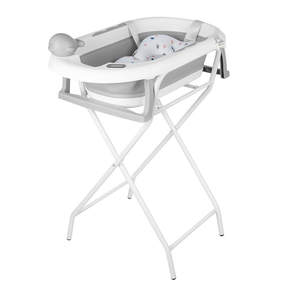 Bañera de bebé plegable en pie, bañera grande plegable con soporte, termómetro, alfombra de baño y kit de drenaje (gris, 55x40x90 cm)