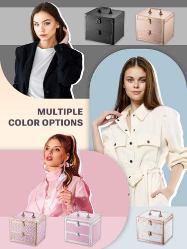 Qislee Makeup Box with Drawer and A Detachable Lighted Mirror, Waterproof Travel Train Case, Cosmetic Organizer and Makeup Suitcase with Adjustable Dividers, Magnetic LED Mirror (ICY Pink)