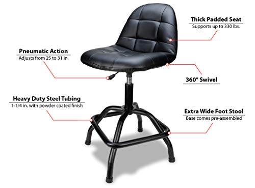 Performance Tool W85031 Pneumatic High Back Adjustable Swivel Bar Stool With Back Support For Home, Bar, And Shop, Black, 26-32 Inches High #TOP2