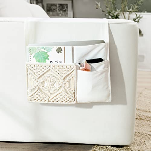 Mkono Couch Bedside Caddy Boho Remote Control Holder Macrame Armrest Storage Sofa Organizer with 4 Pockets for Magazine, Books, Tablet, Sunglasses, Cell Phone, IPad, Home Dorm Room Decor, Ivory