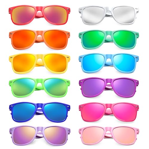 12/24 Pack Neon Color Sunglasses Classic Mirrored Lenses Glasses Men/Women Bulk Birthday Beach Pool Party Favors