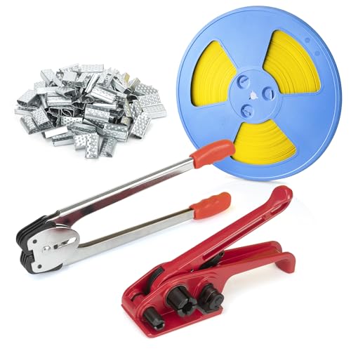 All-in-One Packaging Banding Strapping Kit with Upgraded Poly Strapping Tensioner, Sealer Tools,3900″ PP Band and 100 Metal Seals