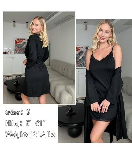 Ekouaer Robes Womens Nightgown and Robe Set 2 Piece Sexy Lace Spaghetti Strap Lightweight Sleepwear with Pockets S-XXL2