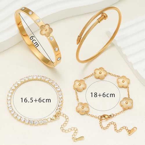 Gold Plated Bracelet Set, 4-Piece Floral Tennis Bracelet Collection with Crystal Rhinestones, Twisted Cable Bangle, Adjustable, 7.5 Inches4