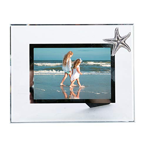 Beachcombers Glass and Pewter Photo Frame with Starfish - Holds One 4" X 6" Picture - Overall Frame 9.5" X 7.5"