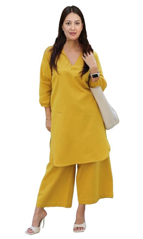 Image of Femezone Women Cotton slub Co-ord Kurta and Pant Set (FEM22230610-01-Vcord)