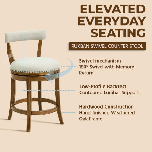 Image of ROME + OAK Ruxban 26 inch Counter Stool, Low Back Swivel, Weathered Oak