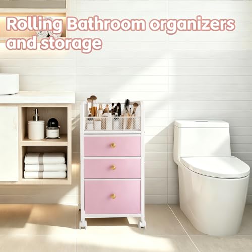 Image of Rolling Makeup Vanity Cart, Makeup Organizer with Drawers, Rolling Makeup Bathroom Storage Cart, Cosmetic Vanity Display Cases Holder for Nail Polish Brush Hair Tool (Pink)