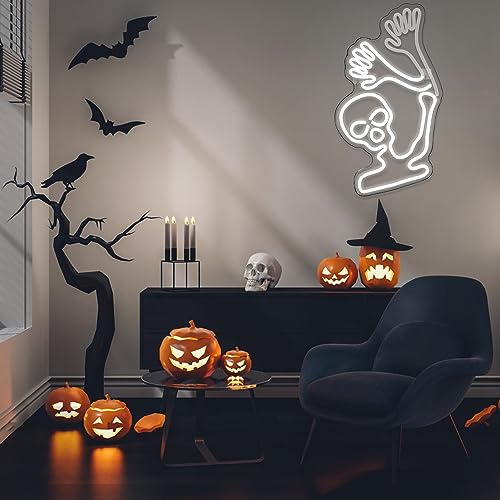 Image of WLHOPE Skull Neon Signs - White LED Skeleton Skull Signs for Wall Decor, Halloween Decor, USB Waving Ghost Neon Light Up Signs for Bedroom, Kid's Room, Bar, Club, Shops, Party Decoration