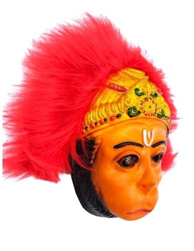 Image of BookMyCostume Hanuman Ji Face Mask with Crown Design & Red Faux Hair - Rubber Devotional Mask for Ramayana Plays, Festivals & Fancy Dress | Fancy Dress Accessory For Role Plays | Adult