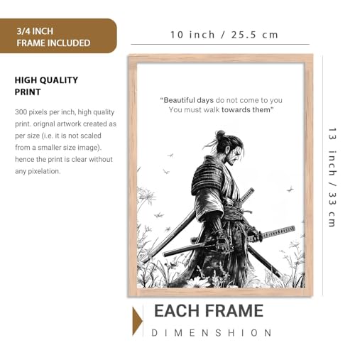 Image of HOTHOUSE Japanese Samurai Motivational Art Framed Posters for Living Room Bedroom Gaming Room Studio | Aesthetic Japanese Theme Samurai Poster with Frames Wall Decor Set Of 6 (10X13 inch)