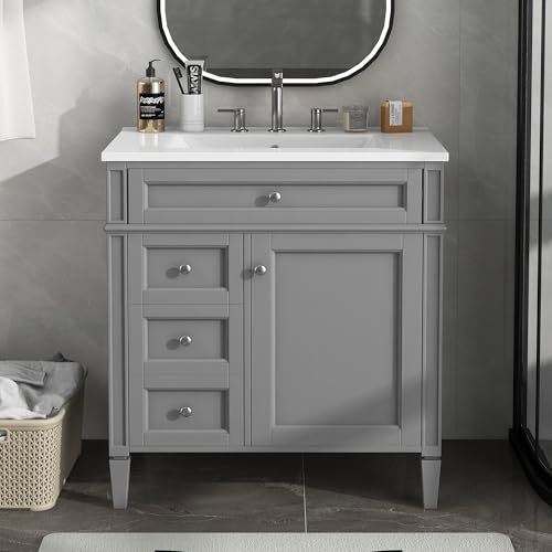 Image of Favfurish 30-Inch Bathroom Vanity with Sink Combo,Undermount Single Basin Vanity Set w /Tip-Out and 2 Drawers,1 Soft Closing Door,Modern Storage Cabinet for Small Space Bathroom,Easy Assembly,Grey