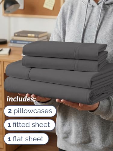 Image of Twin XL 4 Piece Sheet Set - College Dorm Room Essentials - Dark Grey | Ultra Soft Dorm Bedding Set, 8 inch to 16 inch Inch Deep Pockets, 1 Flat & 1 Fitted Sheet & 2 Pillowcases, Wrinkle & Fade Free