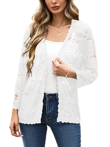 SECRETEYARD Women's Floral Lace Shrug Cardigan 3/4 Sleeve Lightweight Crochet Open Front Cardigans Tops