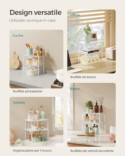 SONGMICS Scaffale Portaspezie, Set di 2 Organizzatori da Cucina Espandibili, Scaffale da Cucina Impilabile, Metallo e Legno Ingegnerizzato, Bianco Nuvola e Bianco Neve KCS02W01 - Immagine 4