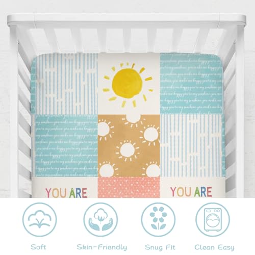Image of Colorful Boho Sun Baby Crib Sheet 52''x28'' Cute Sunshine Stripes Stretchy Fitted Mattress Sheets for Boy Girl Letters Quote Nursery Toddler Bed Sheets for Standard and Toddler Mattress