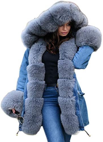 Aofur Womens Hooded Faux Fur Lined Warm Coats Parkas Anoraks Outwear Winter Long Jackets (X-Large, Denim_Grey Fur)