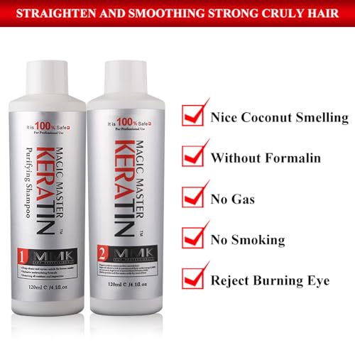 Brazilian Keratin Hair Treatment,Magic Master Keratin 120ml Purifying and Keratin Treatment Free Formalin Without Strong Smelling and Smoking Straighten Smooth Normal Curly Hair(120ml*2)