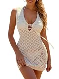 Picture of FAIRY SEASON Swimsuit Coverup for Women Crochet Swim Cover Ups Mesh Knit Hollow Out Front Tie Sleeveless Beach Dress Beige