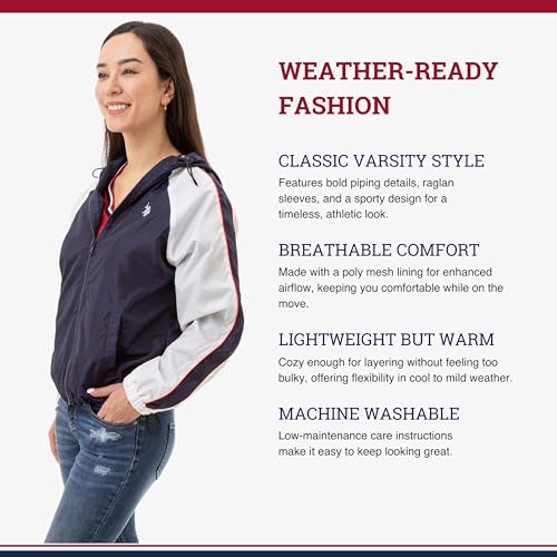 U.S. Polo Assn. Women's Hooded Raglan Sleeve Varsity Windbreaker W/Piping Poly Mesh Lining3