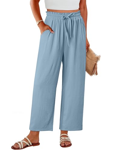 CRAZY GRID Womens High Waisted Palazzo Pants Beach Flowy Summer Drawstring Wide Leg Trousers Loose Casual Vacation Pants with Pockets XL Light Blue