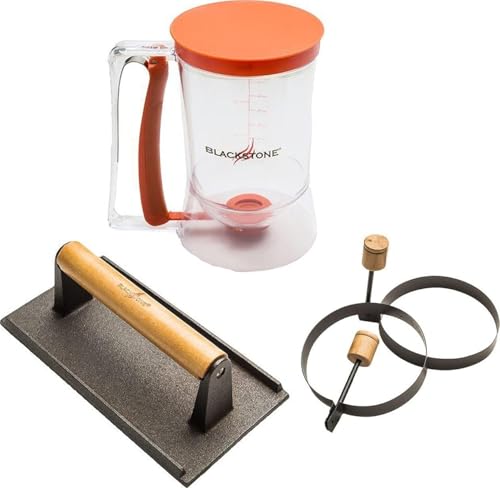Blackstone 1543 Outdoor Griddle Breakfast Preparation Kit with Pancake Batter Dispenser, Cast Iron Bacon Press, and 2 Non Stick Steel Egg Rings