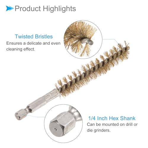 Image of Bore Brush, 15mm Dia 75mm Length, Brass Twisted Cleaning Wire Brushes with 1 /4 inch Hex Shank - (Applications: for Power Drill)