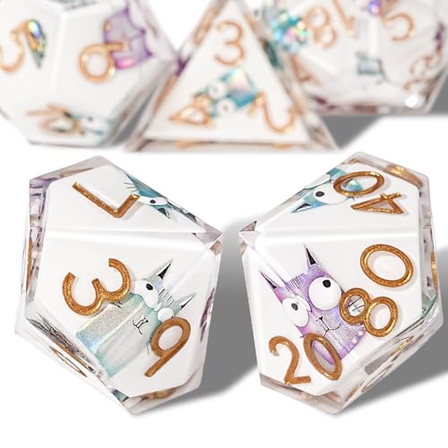 GU BEI TE DND Dice Set 7Pcs,Cute Cat Dice Style Polyhedral Resin Sharp Edge Dice for Role Playing Games Dungeons and Dragons RPG MTG Collector's Gift
