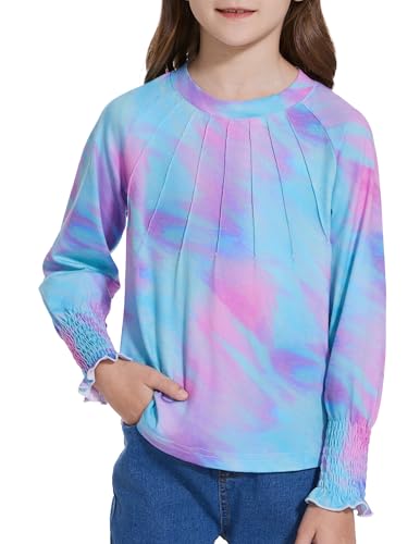 Girls Tops Long Sleeve Shirts Pleated Shirts Crew Neck Trim with Smocked Cuff Blouses for Girls 4-12 Years4