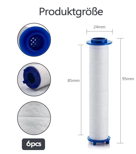 T TAKONE Duschkopf Filter, 6 Stück 9,5 * 2,4 cm PP Baumwolle Verdickter Kalkfilter, Universal Saubere Wasserfilte Baumwollkern für Gegen Kalk & Chlor (Blau)