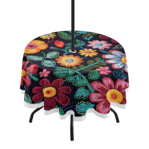 Wajiw 60 Inch Indoor Outdoor Round Tablecloth with Umbrella Hole and Zipper Waterproof Patio Table Cover for Camping Dining Room Party Outdoor Picnic,Floral