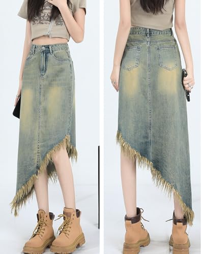 Vintage High Waist A-Line Denim Skirt for Women Fashion Medium Irregular Casual Long Tassel Skirts3
