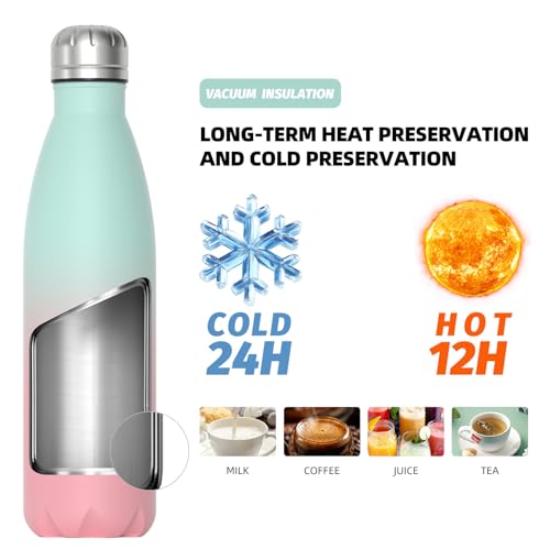 Image of WATERSY Stainless Steel Water Bottle, 17oz /500ml Insulated Pink Bottle Keeps Drink Cold and Hot, BPA Free for School, Gym, Travel, Sports