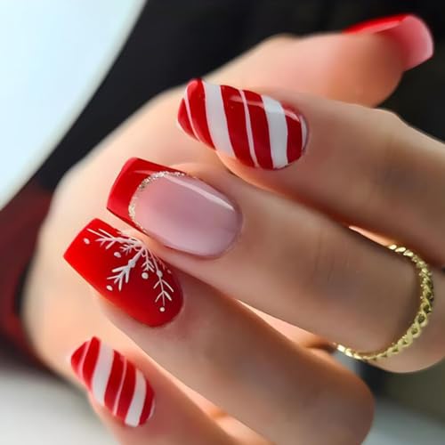 Christmas Press on Nails Square Medium Fake Nails with Snowflake ...