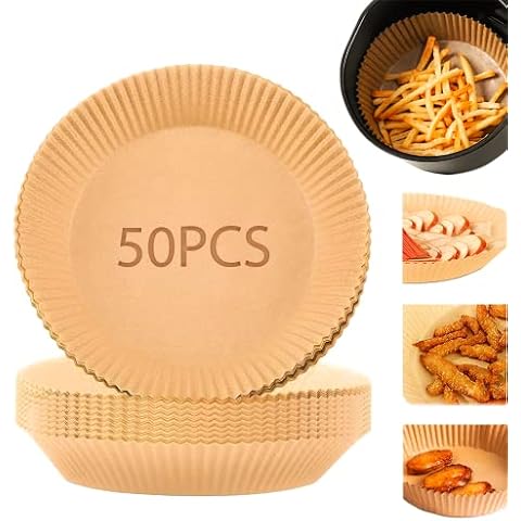 BBKON Air Fryer Disposable Paper Liner, Non-stick Air Fryer Disposable Liners, Baking Paper for Air Fryer Oil-proof, Water-proof, Food Grade Parchment for Baking Roasting Microwave (50, 6.5inch) Cover
