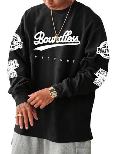 GORGLITTER Men's Loose Fit Letter Graphic Drop Shoulder T-Shirt Oversized Casual Long Sleeve Trendy Tee Tops