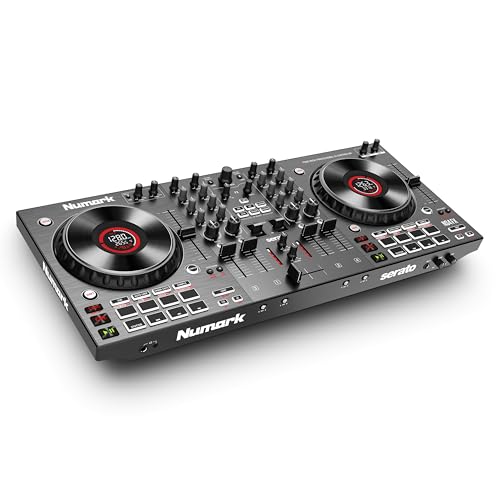 Numark NS4FX Controladora DJ de 4 Canales, Jog Wheels Táctiles Con Pantallas, Pads y Efectos, Salidas Cabina y Principal, y Serato DJ Lite Incluido