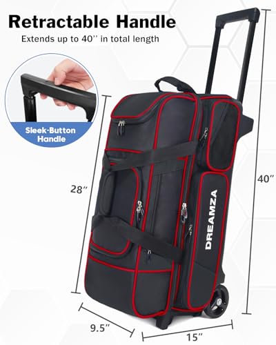 DREAMZA 3 Ball Bowling Bags with Wheels & Shoe Pocket, Premium Bowling Ball Bag 3 Ball Roller, Effortless-Rolling 3 Ball Bowling Bag w/Multi-Storage Pockets & Telescopic Handle Extends to 40\'\' (Red)