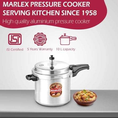 Image of Marlex Deluxe 10 Litre Outer Lid Aluminum Pressure Cooker | Gas Stovetop Compatible Cooker, Non Induction Base, Metallic Safety Plug, ISI Certified | Silver - 5 Years Warranty