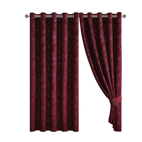 Floral Jacquard Velvet Curtain Pair - Heavyweight and Noise Reducing - Room Darkening Eyelet - Fully Lined for Thermal Insulation - Includes Two Tiebacks (Burgundy 46 x 54 (116 x 137 cm))