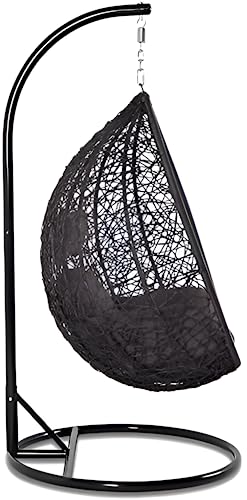 Image of Hindoro Rattan Wicker Wrought Iron Single Seater Swing Chair with Stand & Cushion & Hook Outdoor || Indoor || Balcony || Garden || Patio || Living Outdoor Furniture (Black with Brown, Oval)