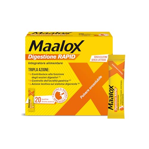Maalox Digestione RAPID, Integratori, Cattiva Digestione, Acidità di Stomaco – Per Adulti e Bambini 6+, Gravidanza, Senza Glutine e Lattosio (20 Bustine) Maalox Digestione RAPID, Integratori, Cattiva Digestione, Acidità di Stomaco – Per Adulti e Bambini 6+, Gravidanza, Senza Glutine e Lattosio (20 Bustine)