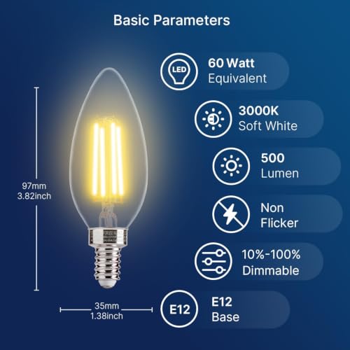 Image of FLSNT 60W Equivalent LED Chandelier Light Bulbs, Dimmable LED B11 E12 Candelabra Base Bulbs, 3000K Warm White, 500LM, 96 Pack